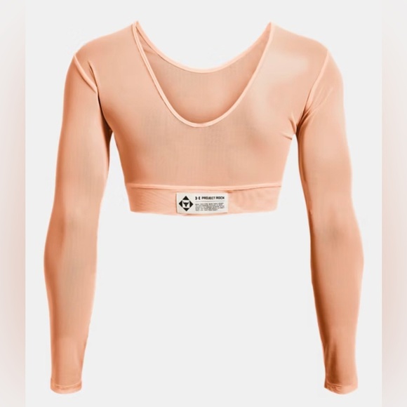UNDER ARMOUR Project Rock Peach Horizon Black Orange Sheer Mesh crop top size XS - Picture 3 of 10